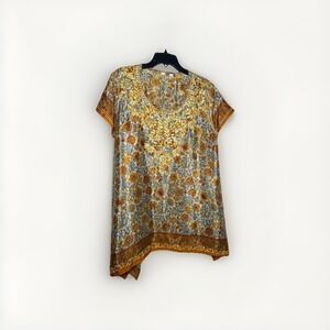 Dolma Silk Blend Hand Embroidered Tunic Floral S/M Boho Luxe Casual